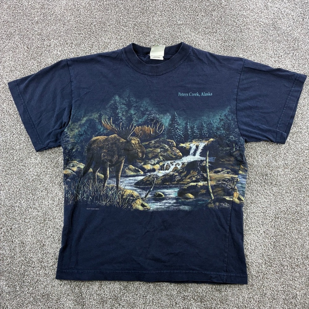 Vintage Art Unlimited Alaska Shirt Mens Large Navy Blue Peters Creek Moose